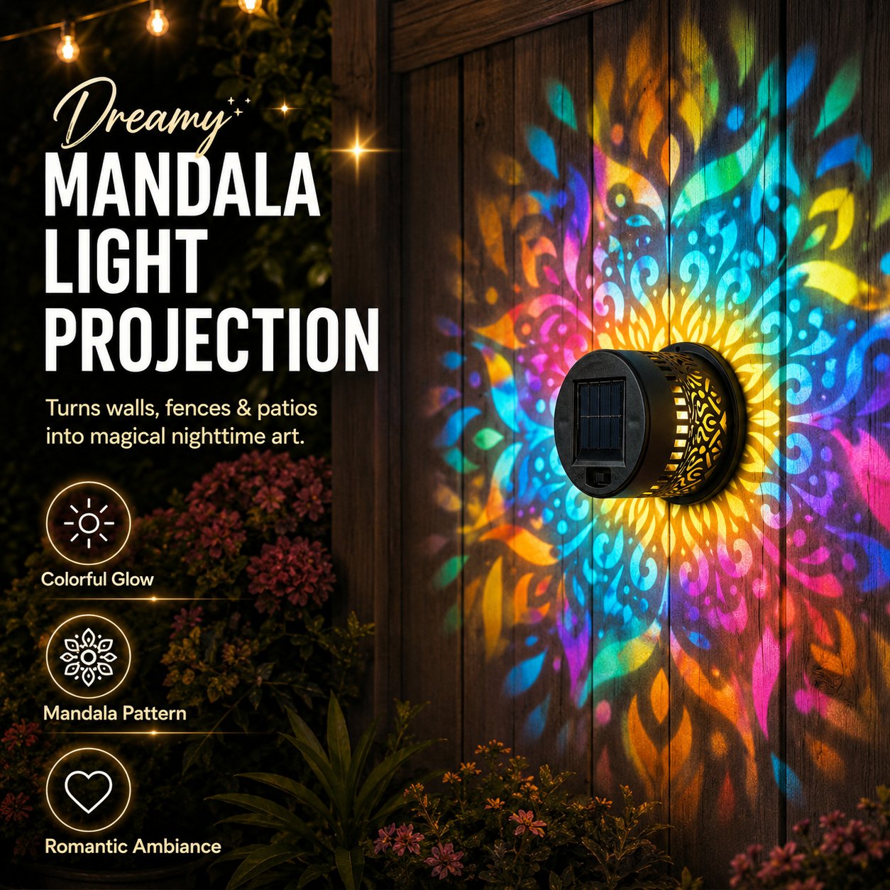 🌈 Mandala Solar Wall Lamp – Magical Patio Night Ambience✨
