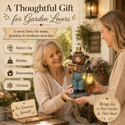 🔥50% OFF TODAY🔥 Highland Cow Garden Lantern Statue 🐮✨ Rustic Farmhouse Outdoor Decor for Garden, Porch, Patio & Yard