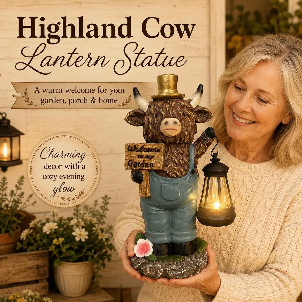 🔥50% OFF TODAY🔥 Highland Cow Garden Lantern Statue 🐮✨ Rustic Farmhouse Outdoor Decor for Garden, Porch, Patio & Yard