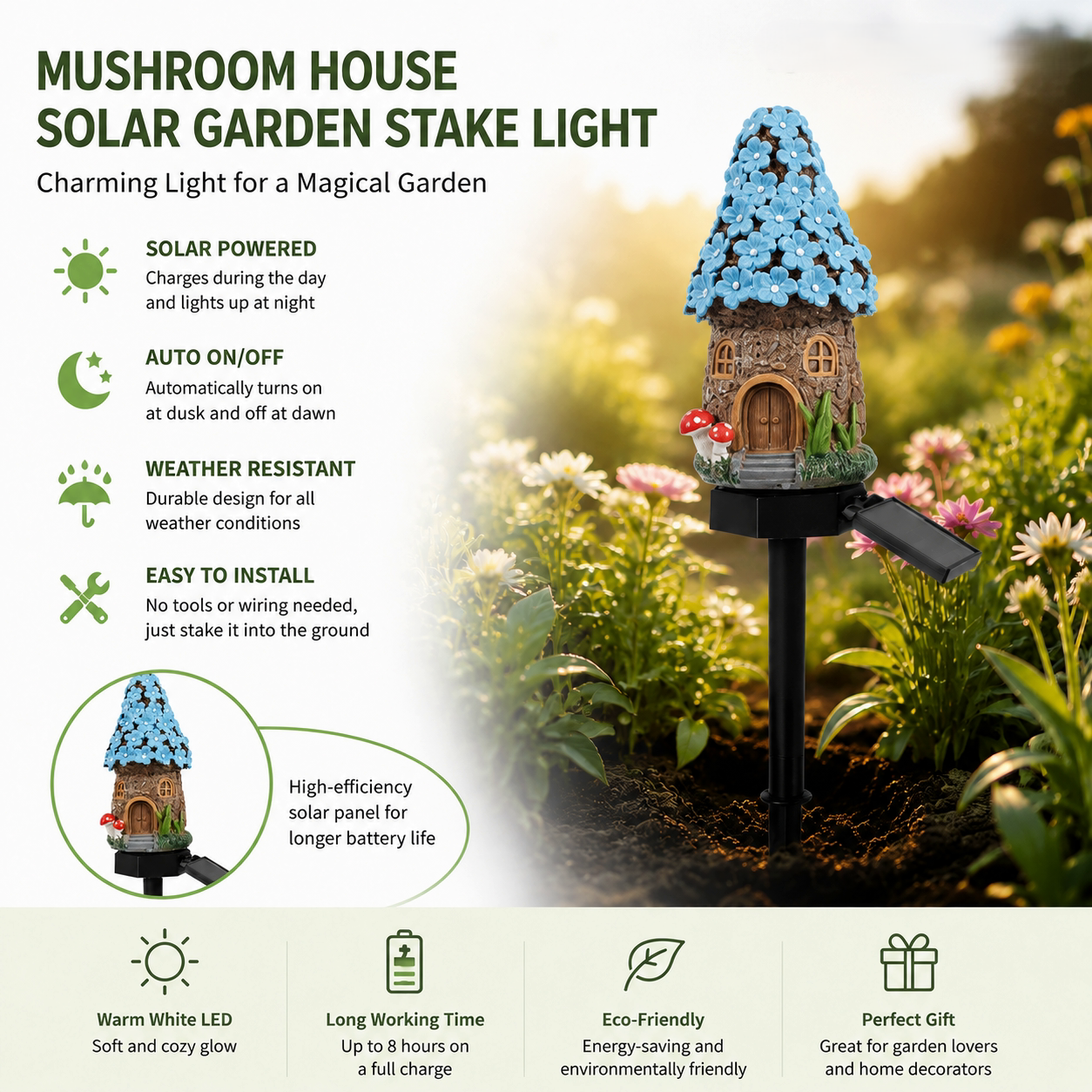 ✨ Solar Mushroom Cottage Garden Light – Warm Fairy-Tale Glow for Flower Beds