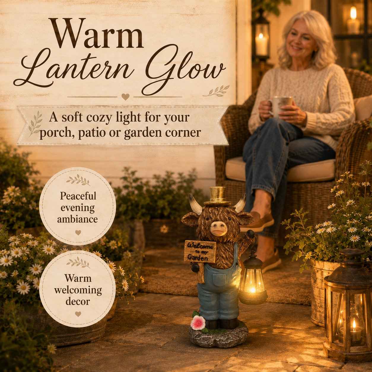🔥50% OFF TODAY🔥 Highland Cow Garden Lantern Statue 🐮✨ Rustic Farmhouse Outdoor Decor for Garden, Porch, Patio & Yard