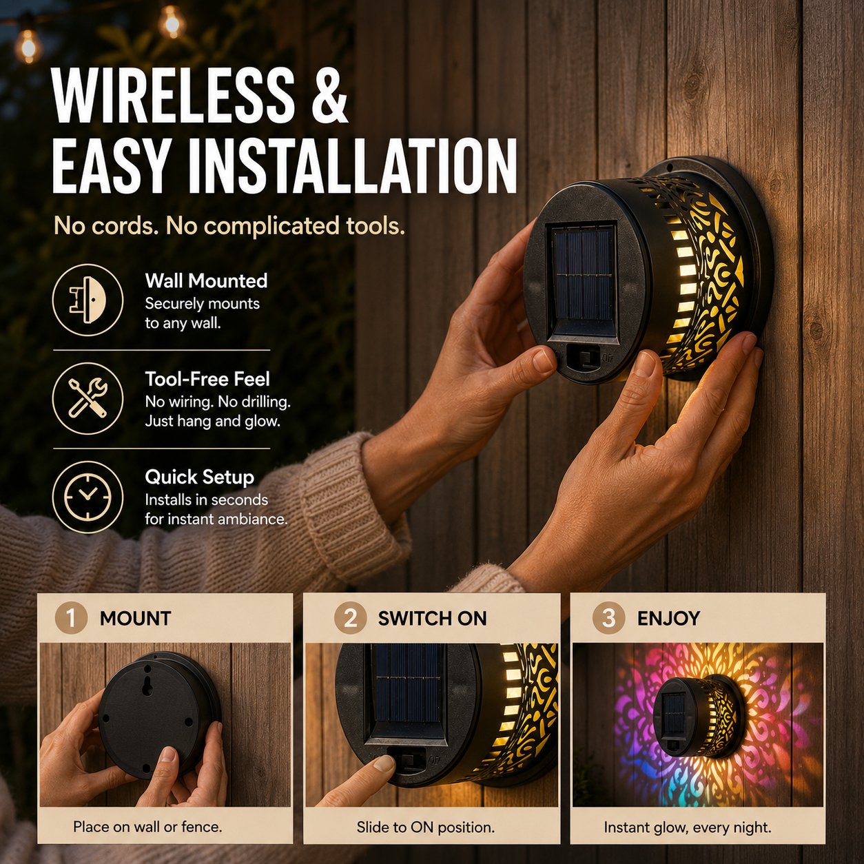 🌈 Mandala Solar Wall Lamp – Magical Patio Night Ambience✨